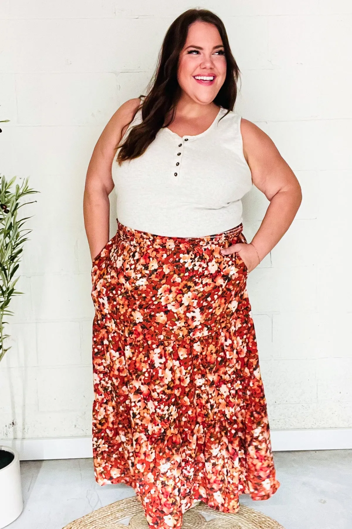 Casual Living Rust Floral Tiered Smocked Waist Midi Skirt sold by Charming Charlie product image thumbnail 2