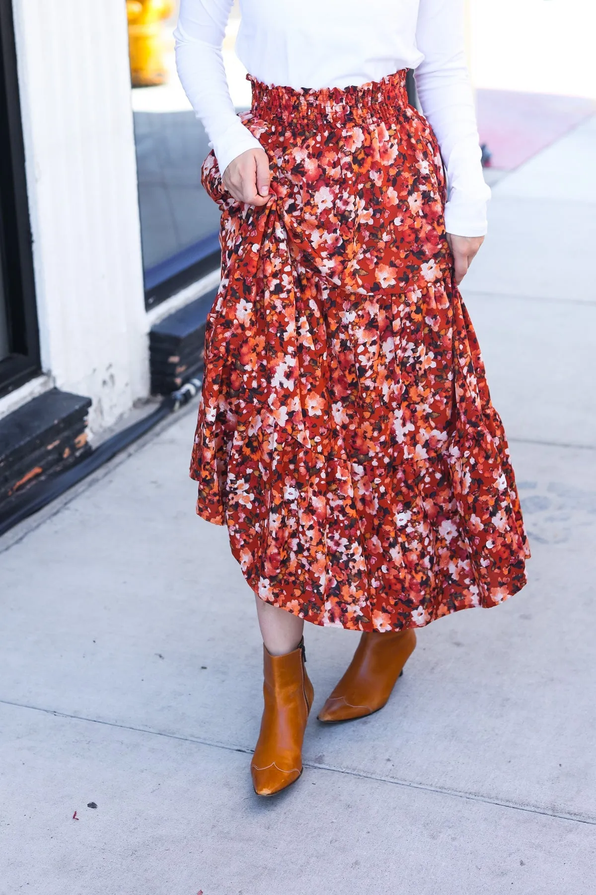 Casual Living Rust Floral Tiered Smocked Waist Midi Skirt sold by Charming Charlie product image thumbnail 5