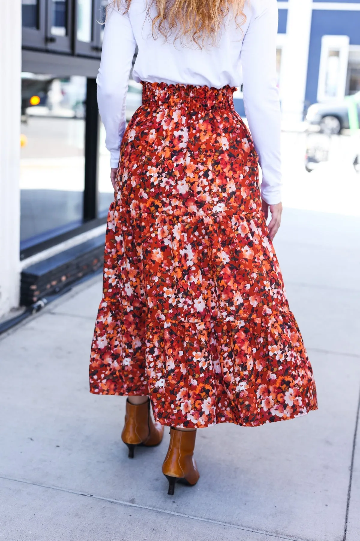 Casual Living Rust Floral Tiered Smocked Waist Midi Skirt sold by Charming Charlie product image thumbnail 3