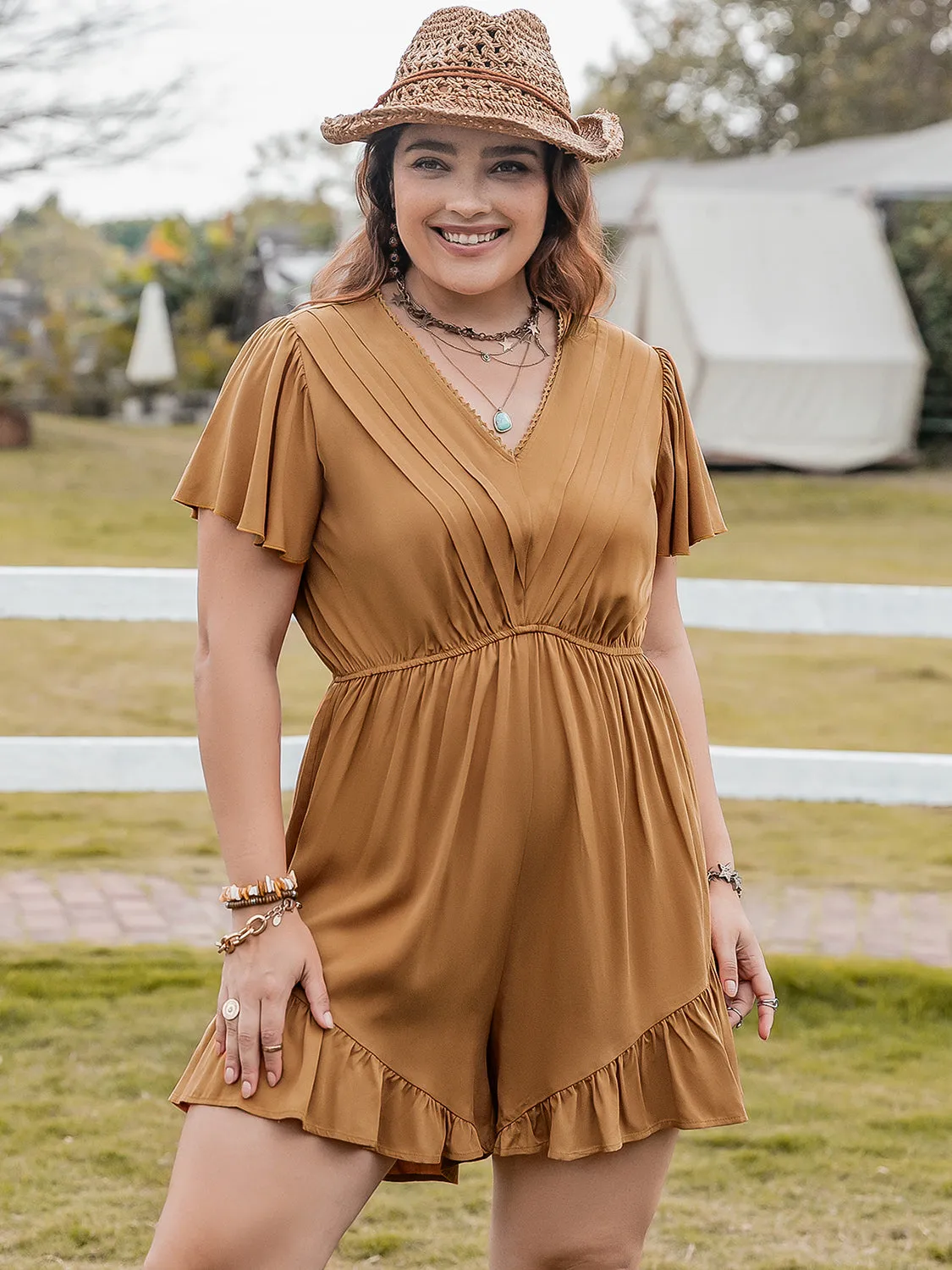Plus Size Ruffled V-Neck Short Sleeve Romper sold by Charming Charlie product image thumbnail 3