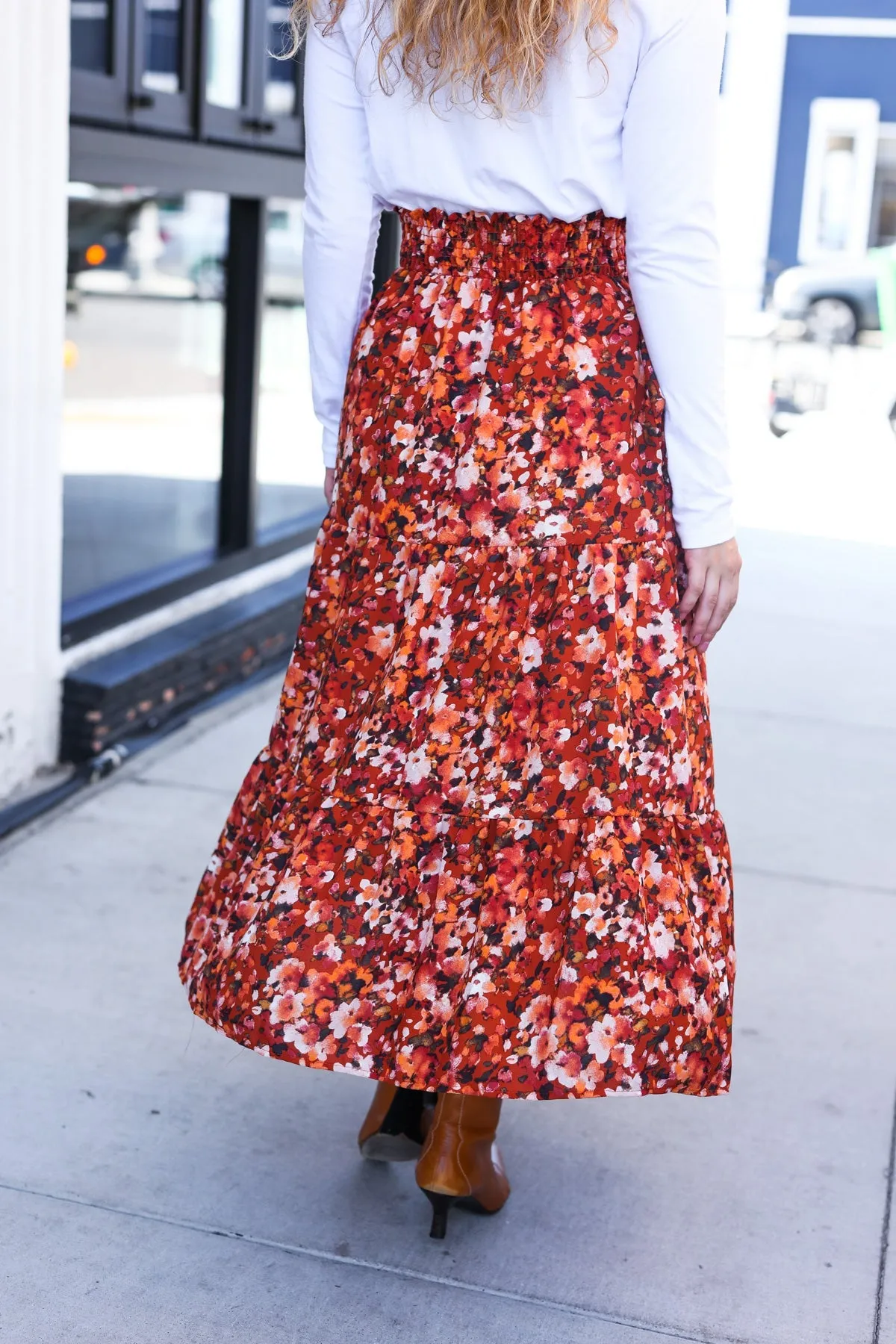 Casual Living Rust Floral Tiered Smocked Waist Midi Skirt sold by Charming Charlie product image thumbnail 4
