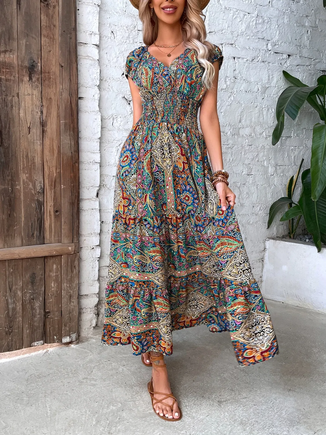 Smocked Printed Cap Sleeve Midi Dress sold by Charming Charlie product image thumbnail 3