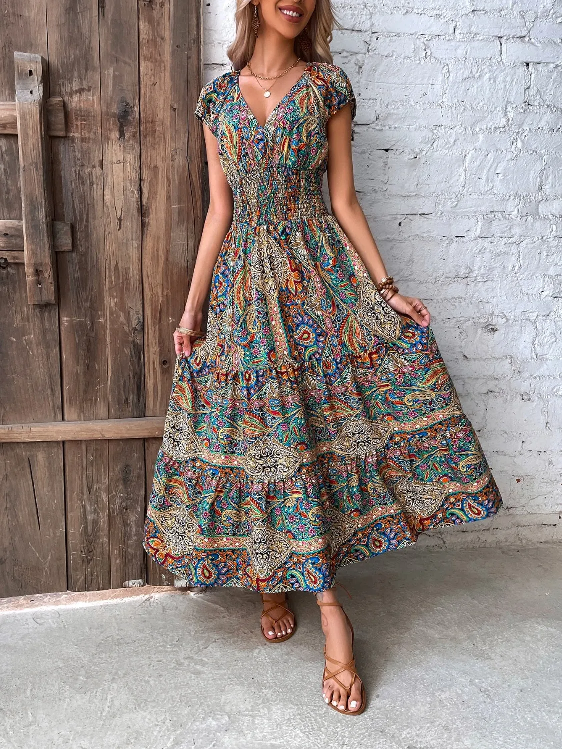 Smocked Printed Cap Sleeve Midi Dress sold by Charming Charlie product image thumbnail 4