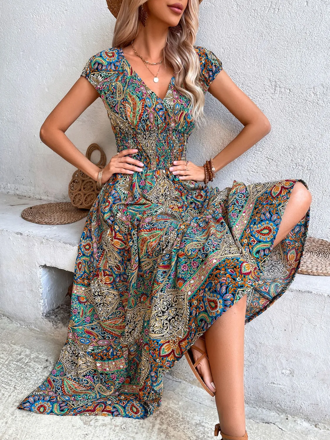 Smocked Printed Cap Sleeve Midi Dress sold by Charming Charlie
