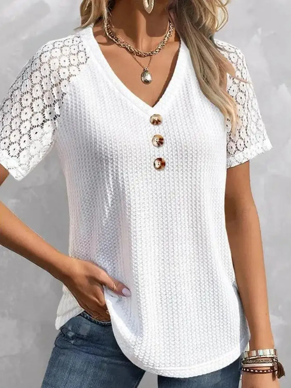 Waffle-Knit V-Neck Short Sleeve Top sold by Charming Charlie
