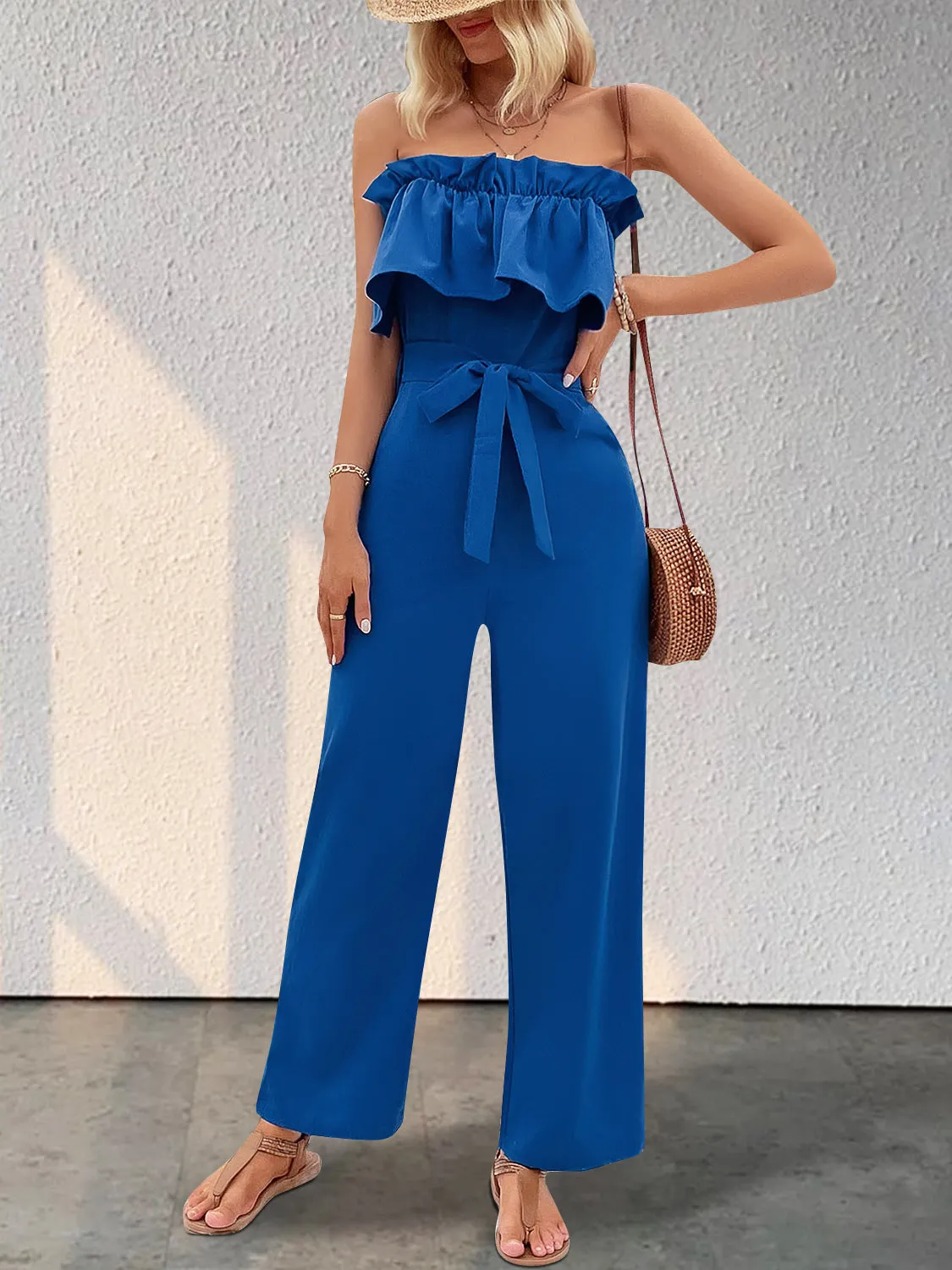 Ruffled Tie Waist Tube Jumpsuit sold by Charming Charlie