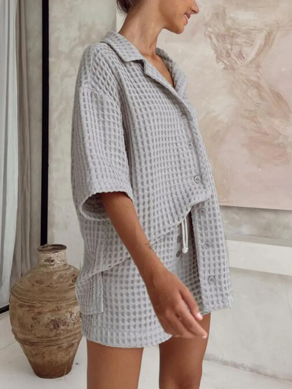 Waffle-Knit Dropped Shoulder Top and Shorts Set sold by Charming Charlie product image thumbnail 4