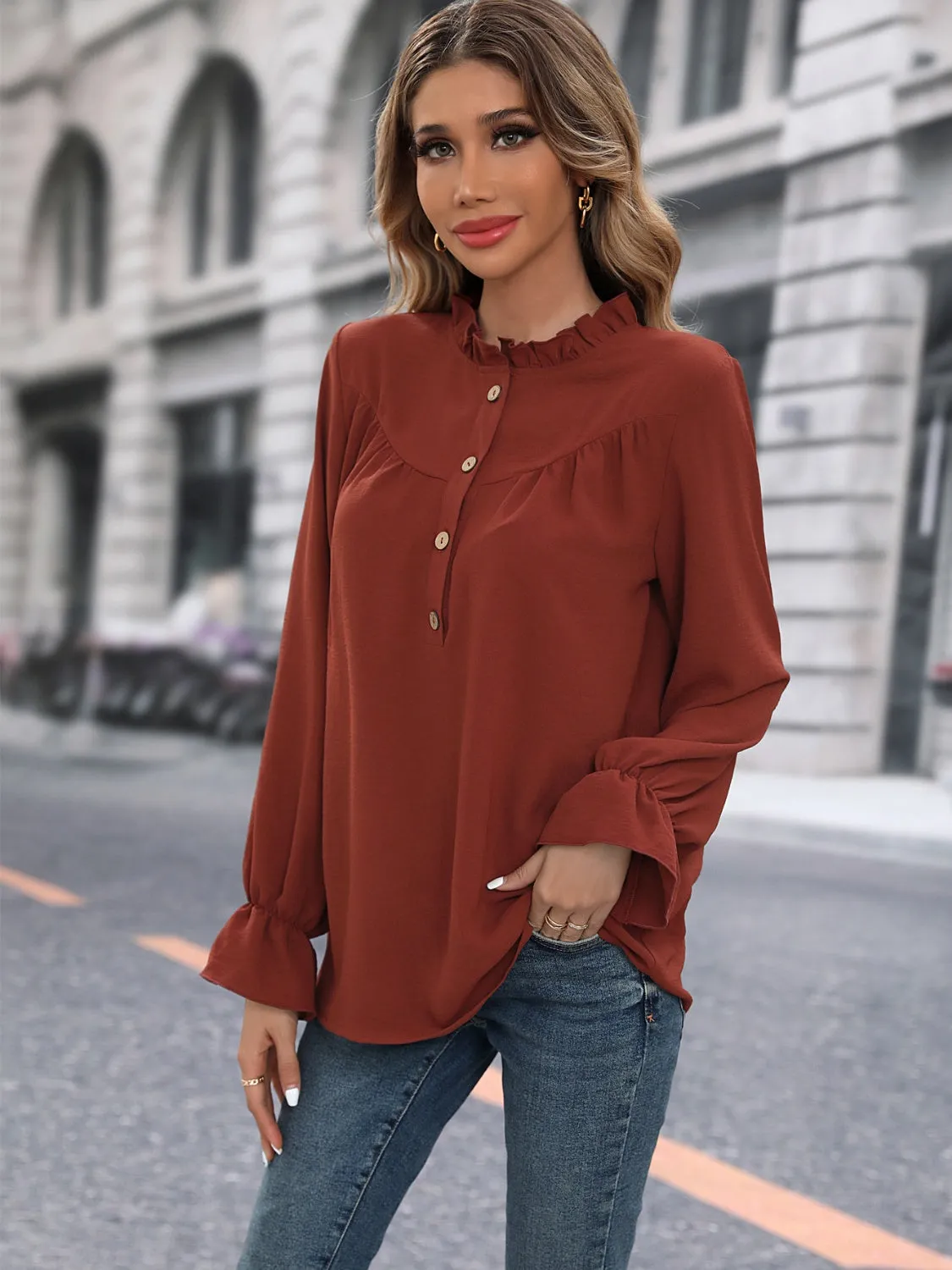 Frill Round Neck Flounce Sleeve Blouse sold by Charming Charlie product image thumbnail 4