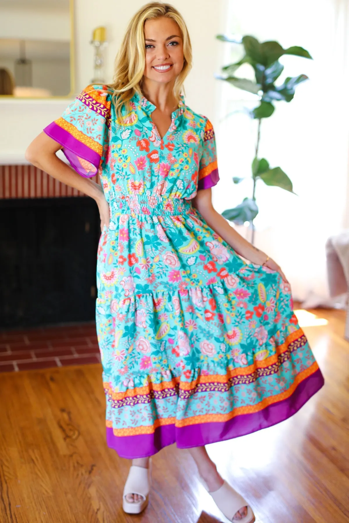 Beautiful You Mint Floral Border Print Smocked Waist Maxi Dress sold by Charming Charlie product image thumbnail 2