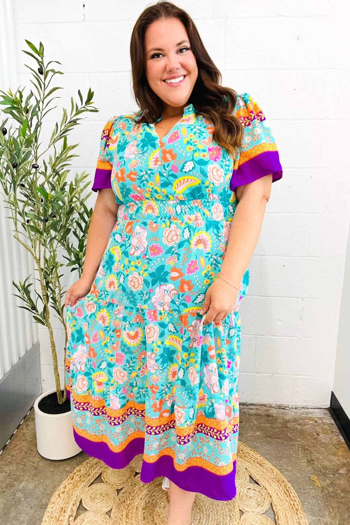 Beautiful You Mint Floral Border Print Smocked Waist Maxi Dress sold by Charming Charlie