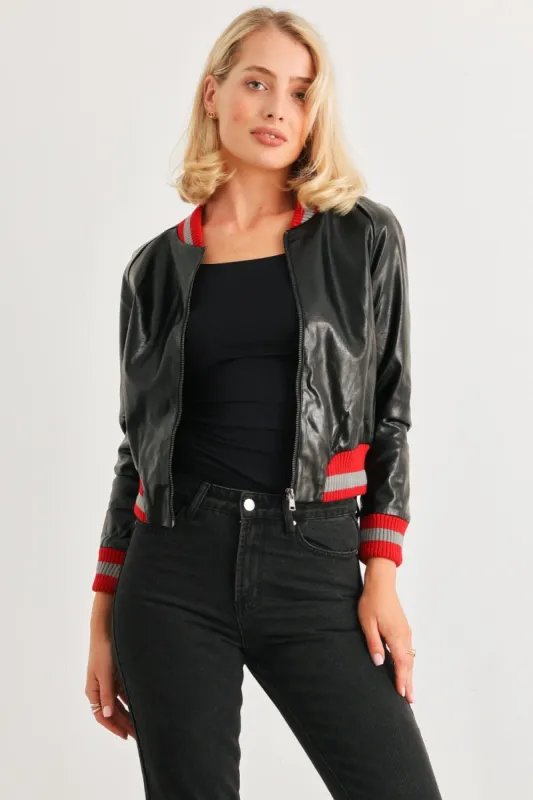 Comme PU Leather Baseball Collar Long Sleeve Jacket sold by Charming Charlie