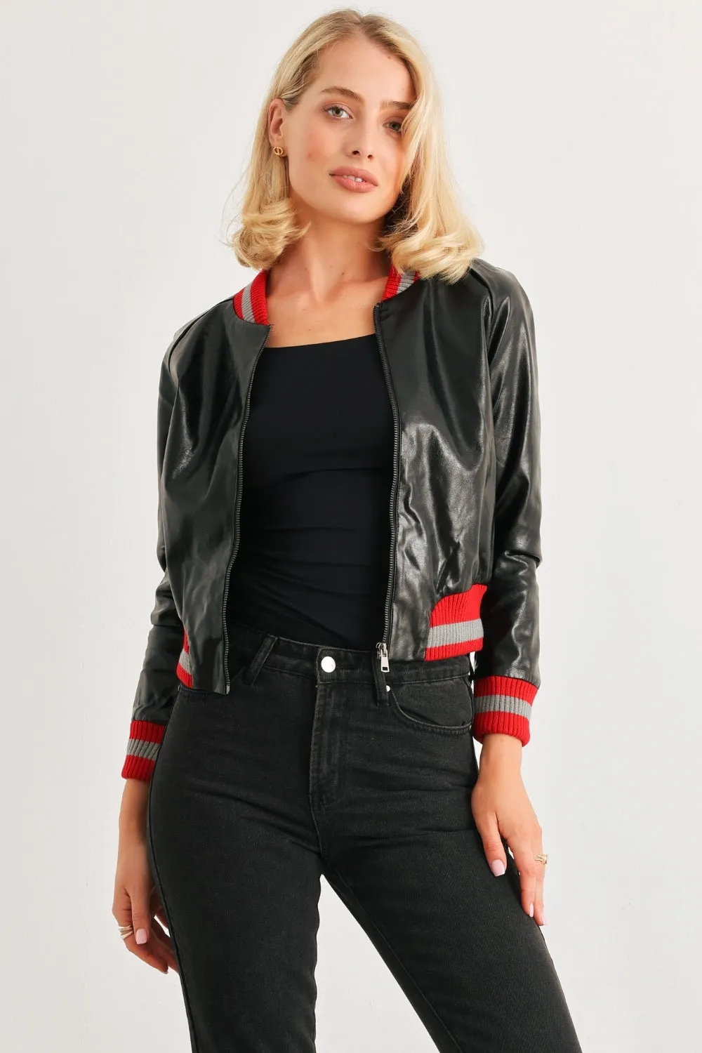 Comme PU Leather Baseball Collar Long Sleeve Jacket sold by Charming Charlie