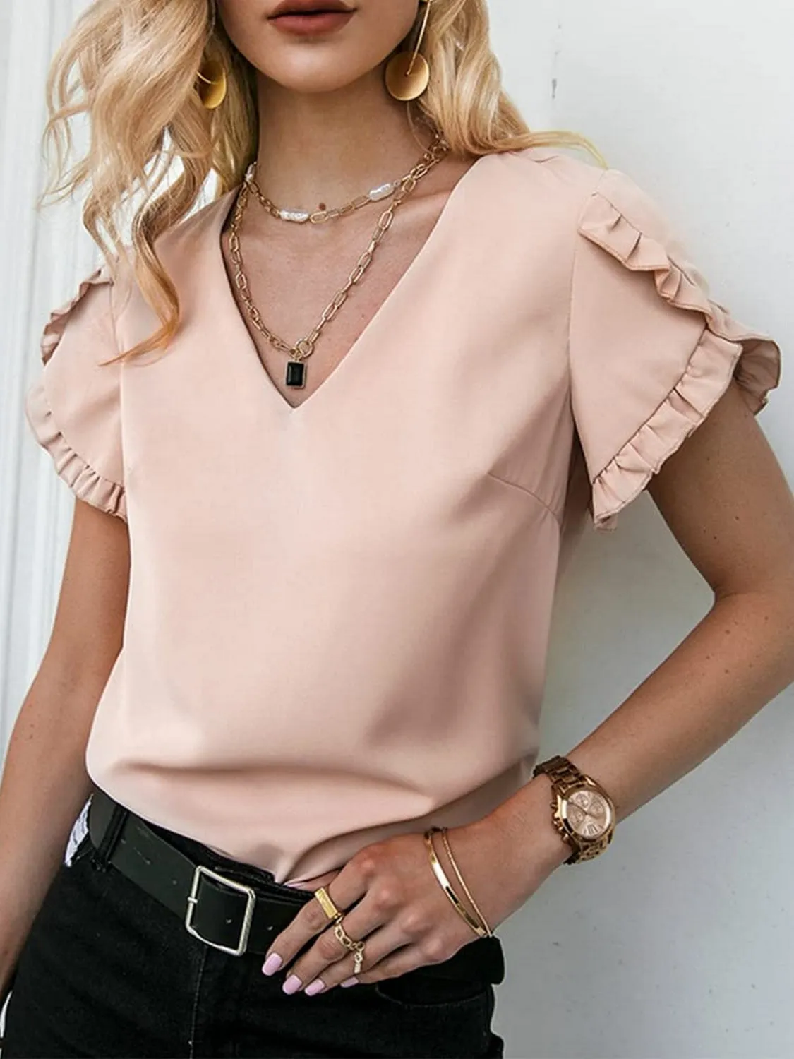 Frill V-Neck Short Sleeve Blouse sold by Charming Charlie