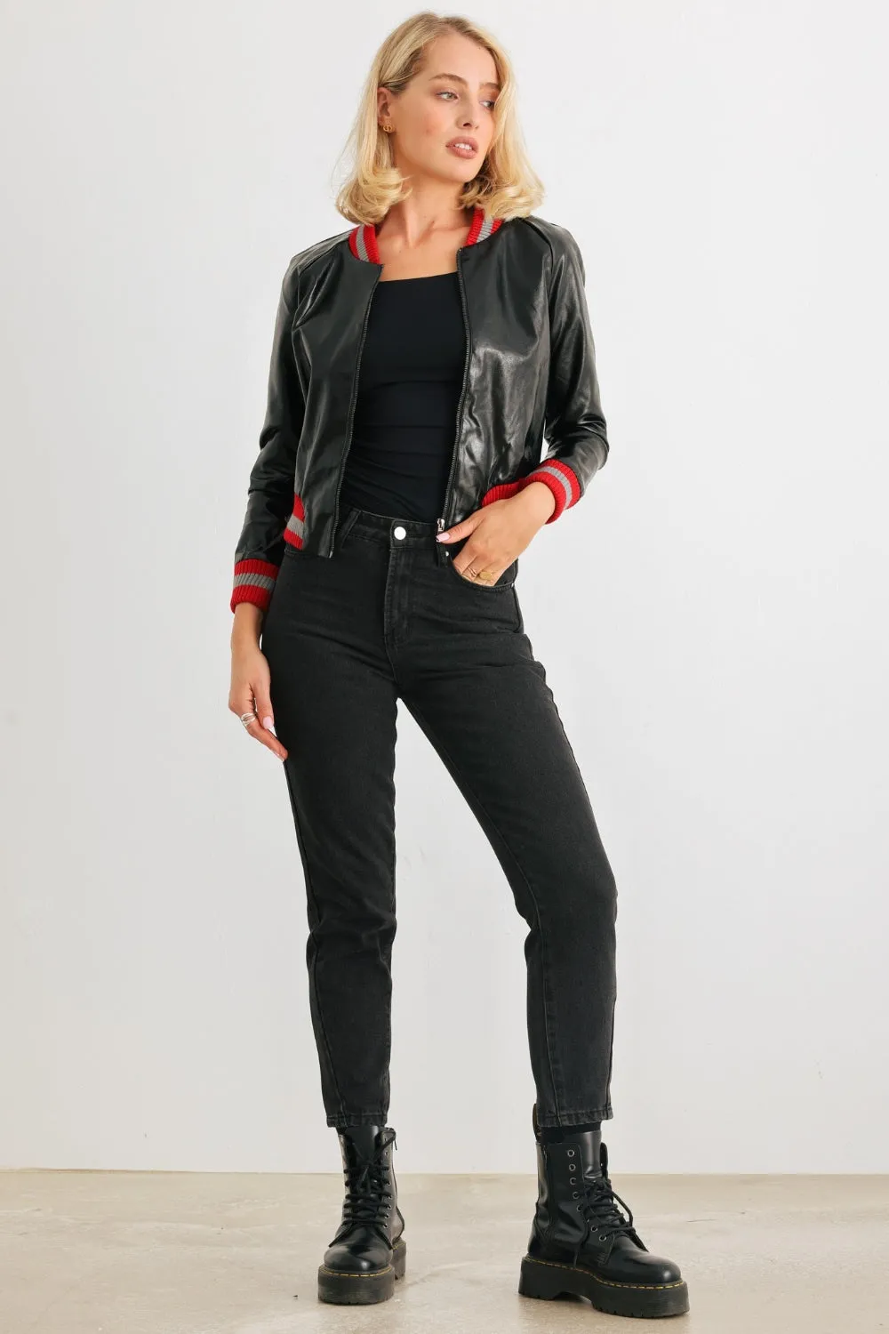 Comme PU Leather Baseball Collar Long Sleeve Jacket sold by Charming Charlie product image thumbnail 5