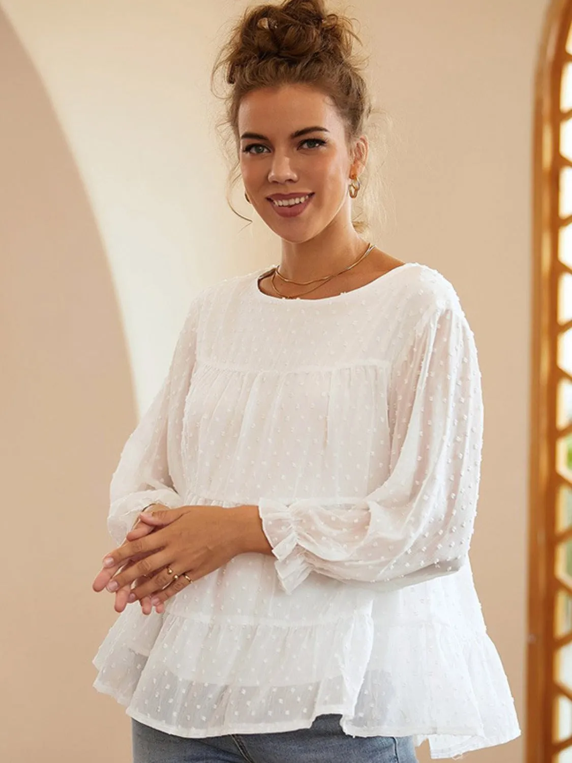 Full Size Swiss Dot Ruffled Round Neck Long Sleeve Blouse sold by Charming Charlie product image thumbnail 3