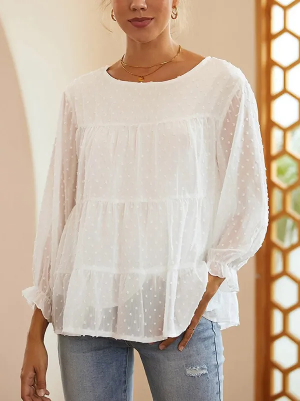 Full Size Swiss Dot Ruffled Round Neck Long Sleeve Blouse sold by Charming Charlie