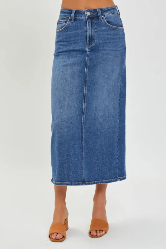 RISEN High Rise Back Slit Denim Skirt sold by Charming Charlie
