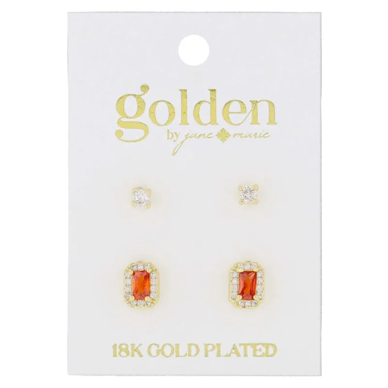 18K Gold Plated 2 Stud Set, Crystal, Ruby Baguette Earrings, .15", .35" Top to Bottom sold by Charming Charlie