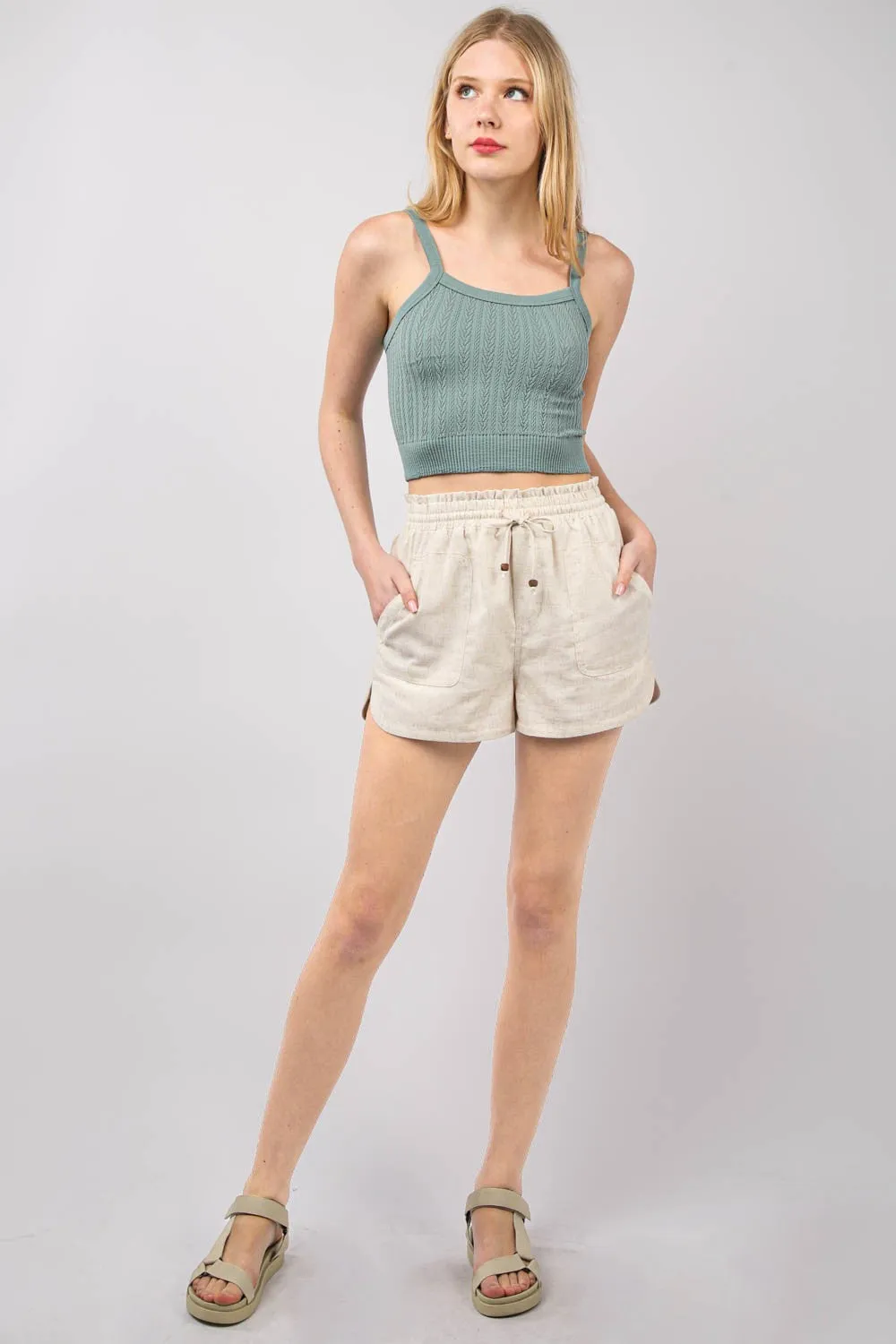 VERY J Drawstring Elastic Waist Linen Shorts sold by Charming Charlie product image thumbnail 4
