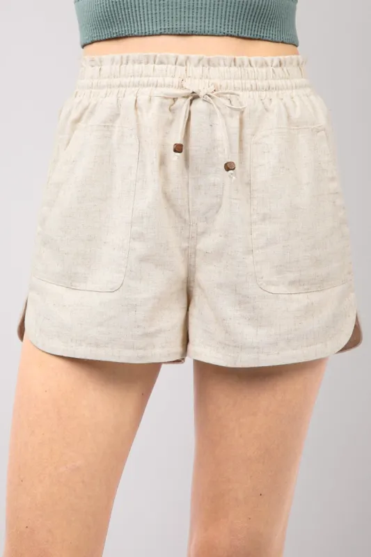 VERY J Drawstring Elastic Waist Linen Shorts sold by Charming Charlie
