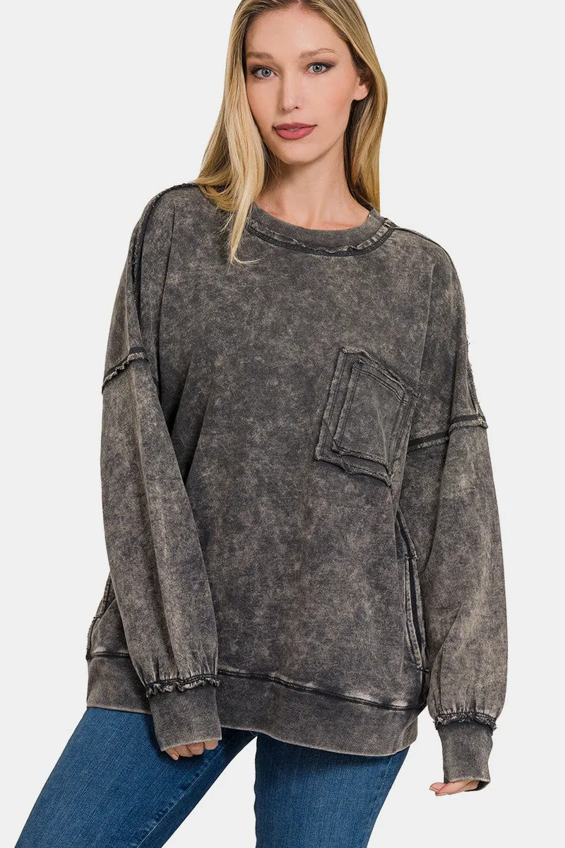 Zenana Exposed Seam Round Neck Dropped Shoulder Sweatshirt sold by Charming Charlie