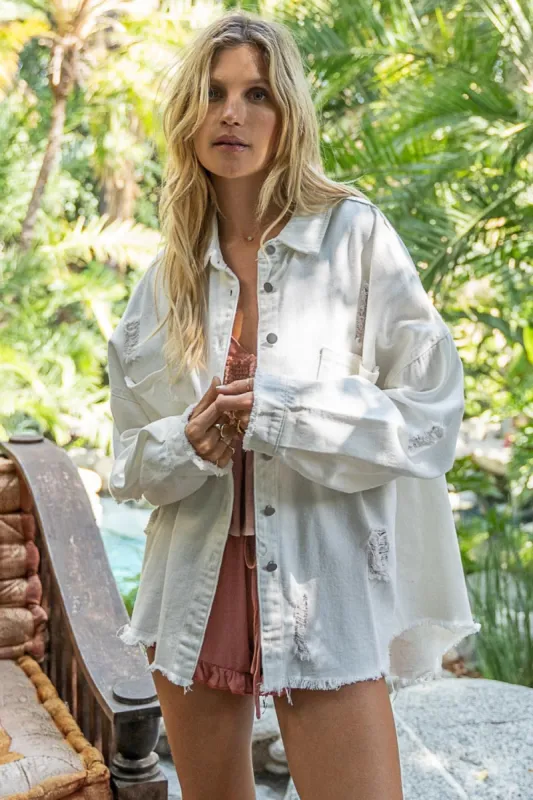 POL Button Down Raw Hem Distressed Shacket sold by Charming Charlie