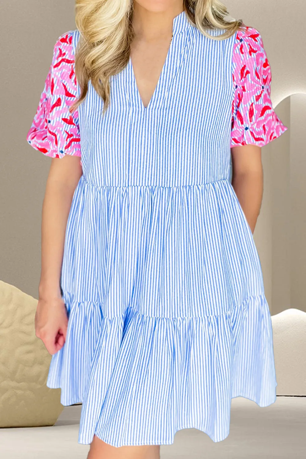 Embroidered Striped Notched Short Sleeve Dress sold by Charming Charlie