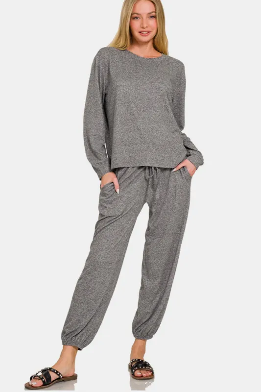 Zenana Round Neck T-Shirt and Joggers Set made by Charming Charlie