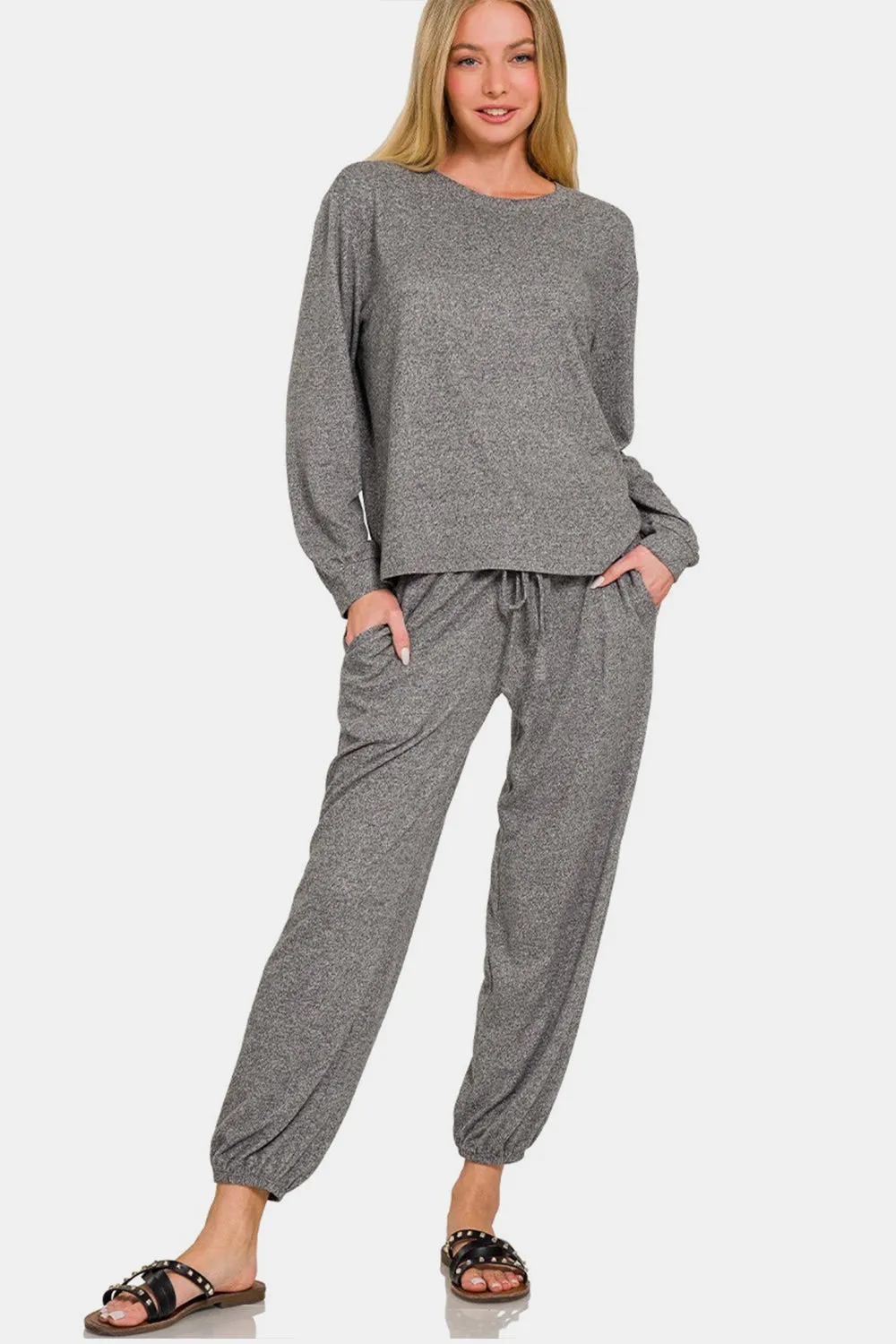 Zenana Round Neck T-Shirt and Joggers Set sold by Charming Charlie
