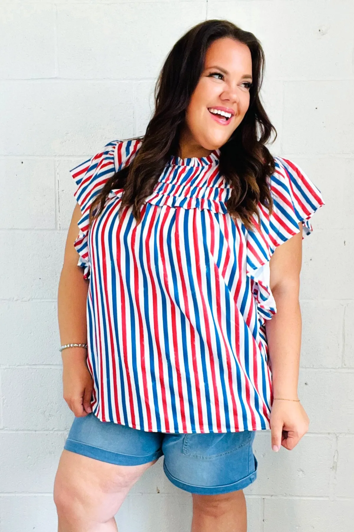 American Red White & Blue Stripe Shirred Yoke Neck Top sold by Charming Charlie product image thumbnail 5