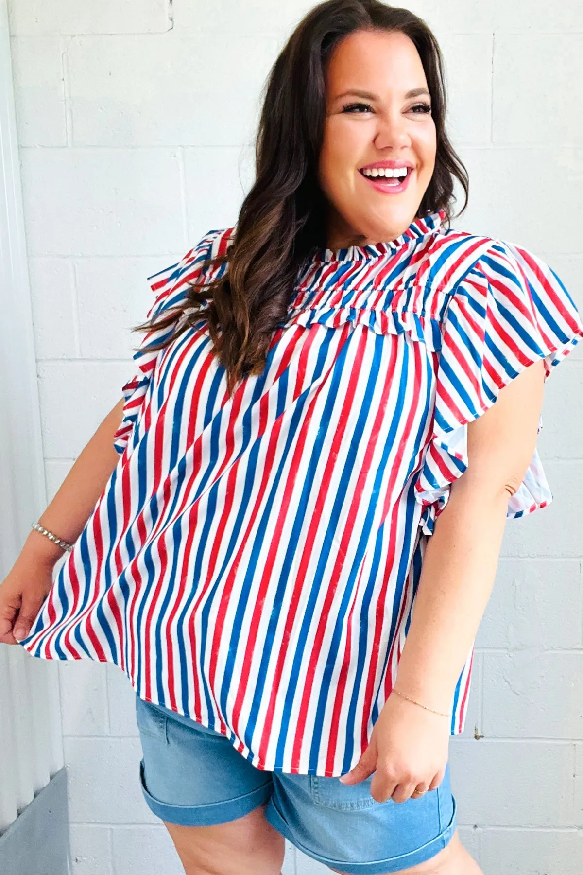 American Red White & Blue Stripe Shirred Yoke Neck Top sold by Charming Charlie product image thumbnail 4