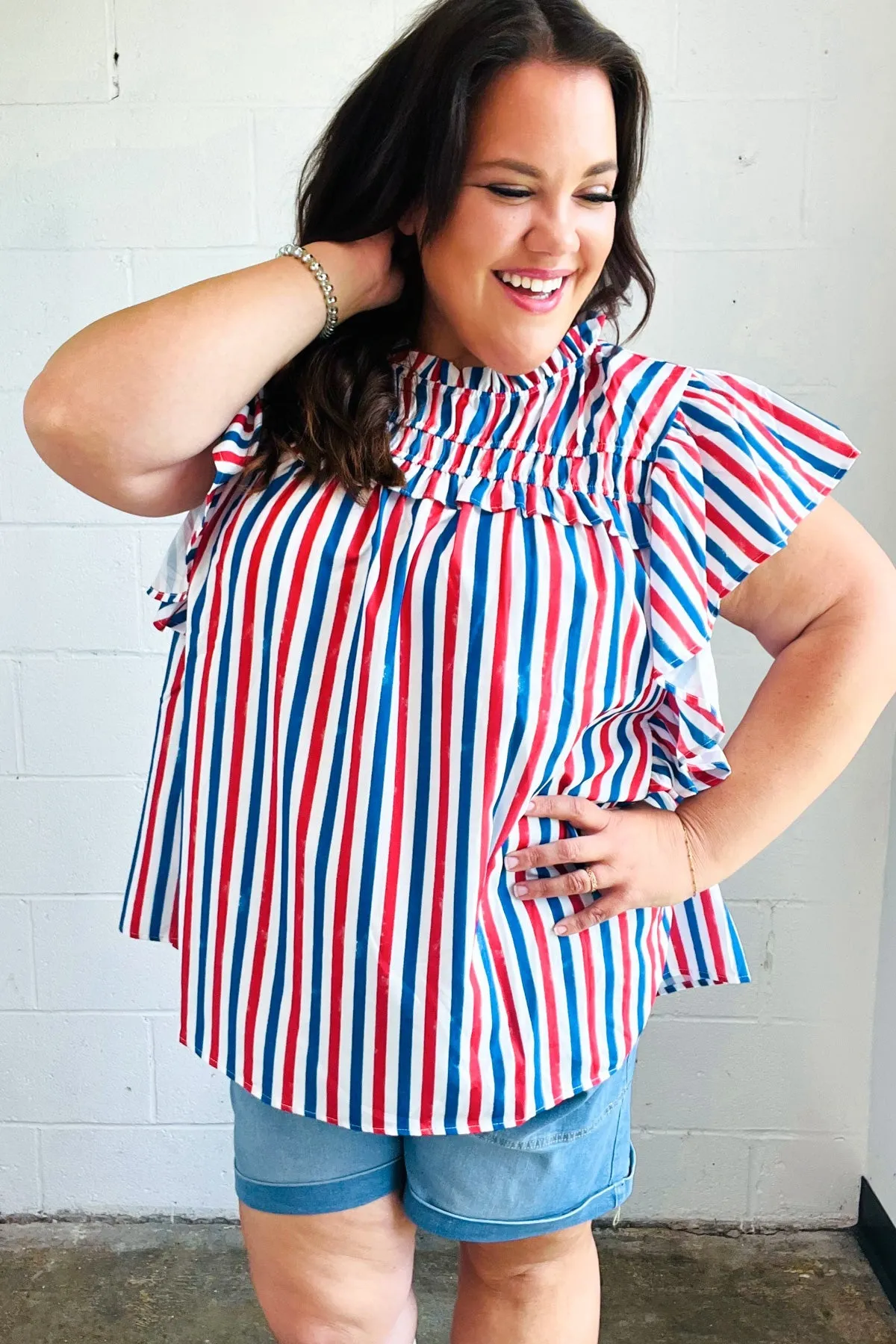 American Red White & Blue Stripe Shirred Yoke Neck Top sold by Charming Charlie product image thumbnail 2