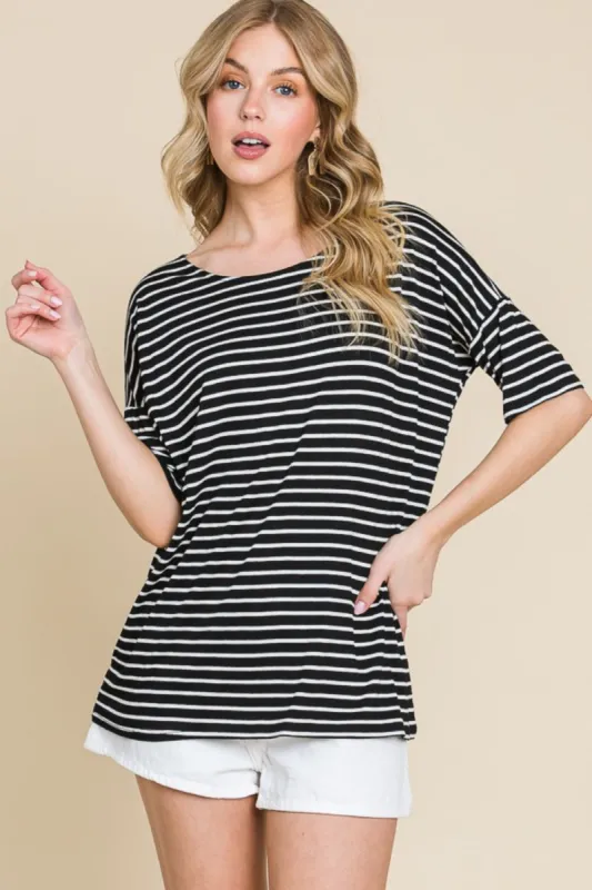 BOMBOM Striped Round Neck T-Shirt sold by Charming Charlie