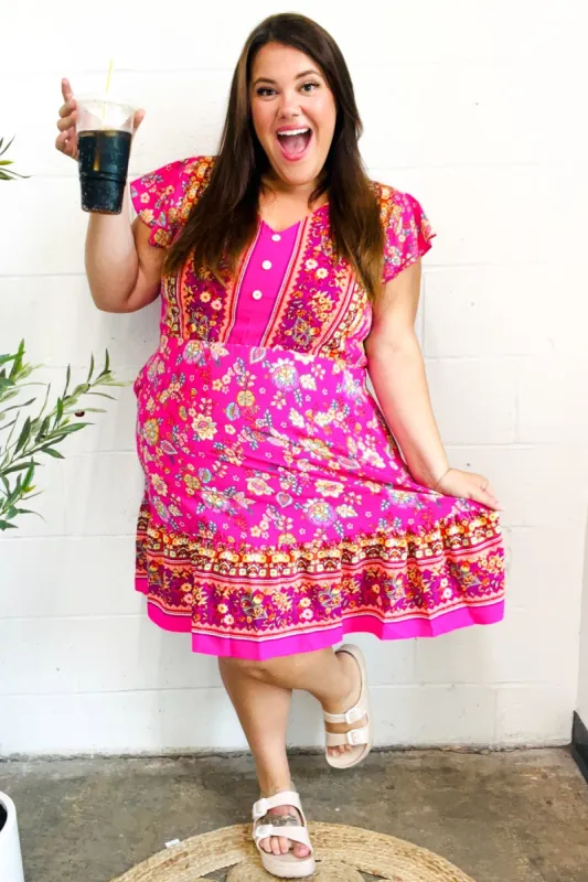 Find Romance Fuchsia Boho Floral Button V Neck Ruffle Dress sold by Charming Charlie