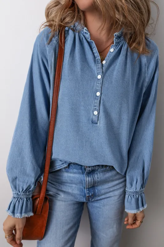Half Button Long Sleeve Denim Top sold by Charming Charlie