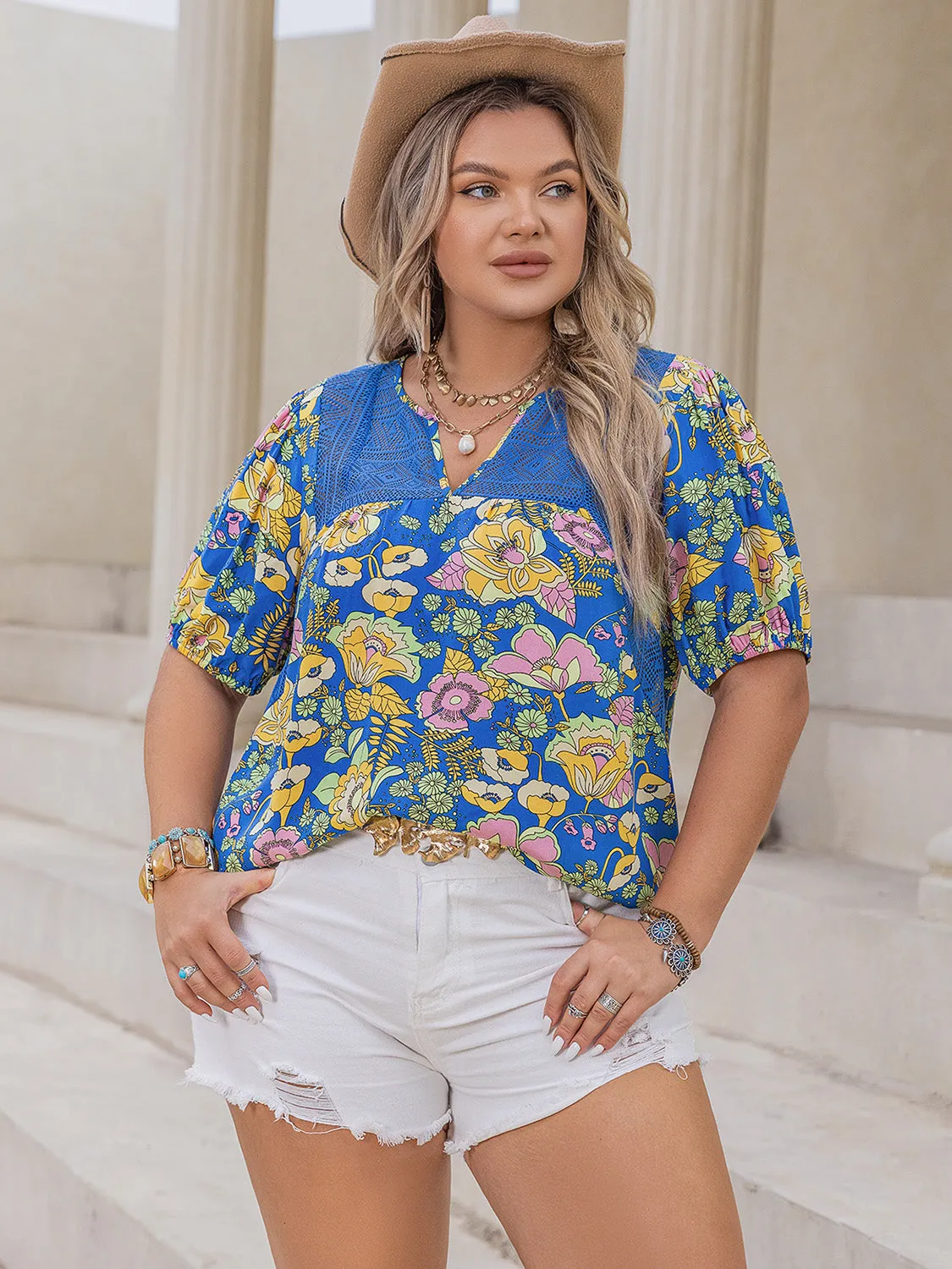 Plus Size Printed Notched Short Sleeve Blouse sold by Charming Charlie product image thumbnail 3