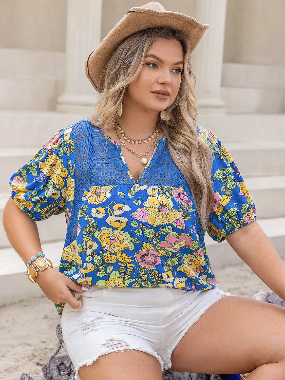 Plus Size Printed Notched Short Sleeve Blouse sold by Charming Charlie product image thumbnail 4