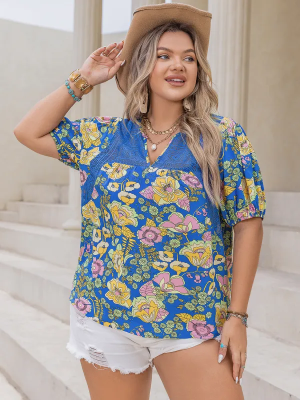 Plus Size Printed Notched Short Sleeve Blouse sold by Charming Charlie