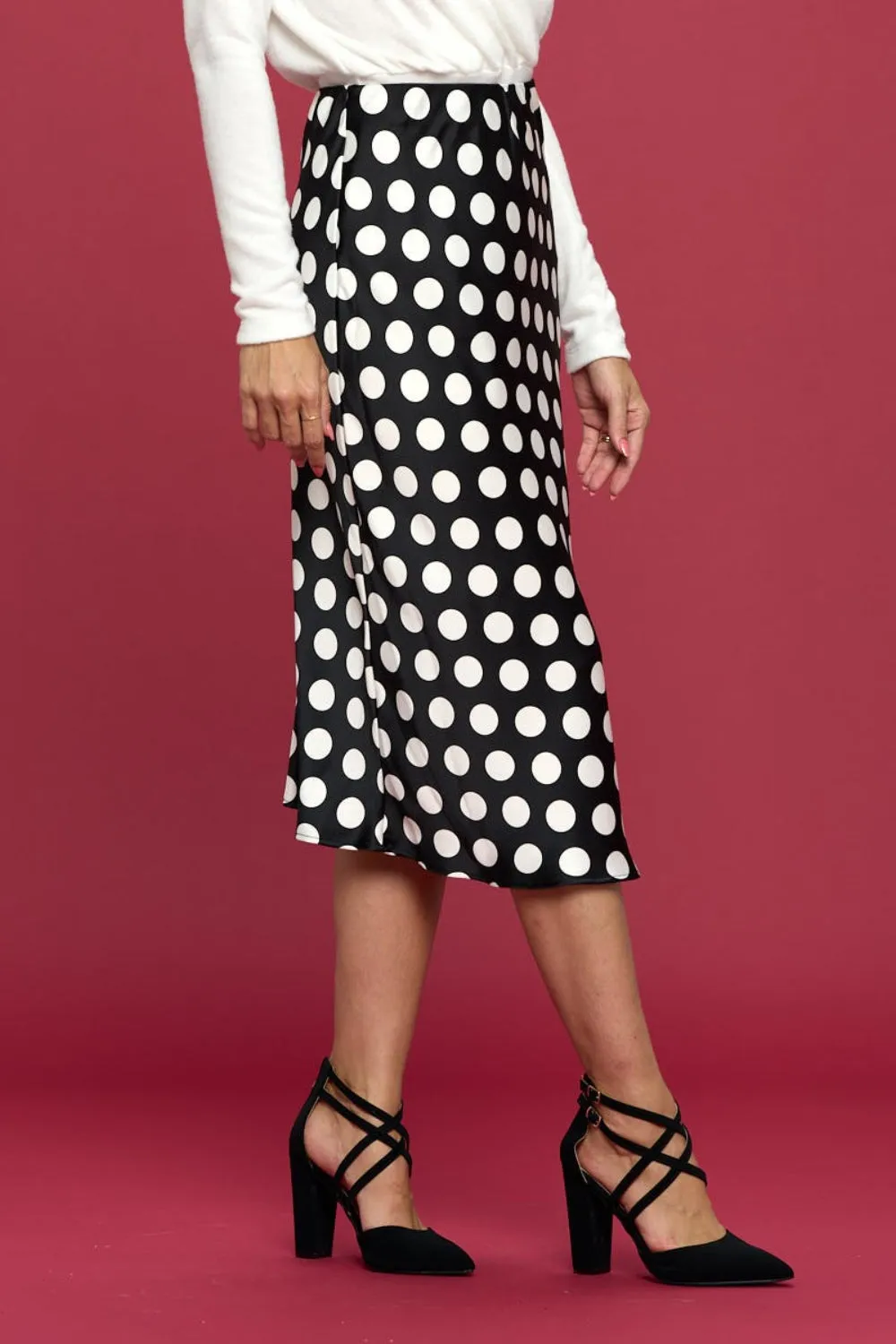RENEE C Polka Dot Satin Midi Skirt sold by Charming Charlie product image thumbnail 3