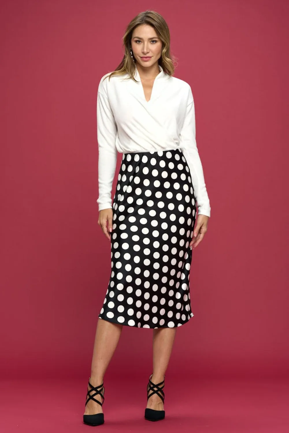 RENEE C Polka Dot Satin Midi Skirt sold by Charming Charlie