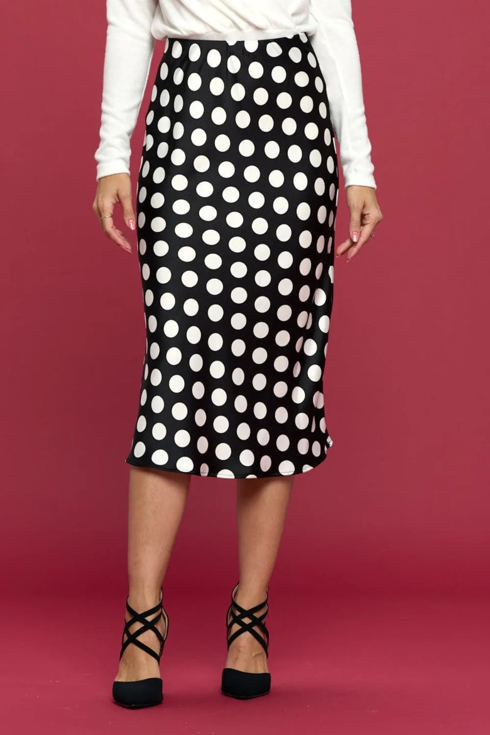 RENEE C Polka Dot Satin Midi Skirt sold by Charming Charlie product image thumbnail 5