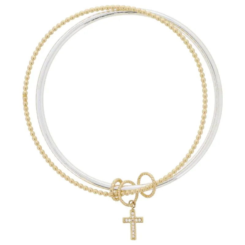 Gold Textured Rings & Pave Crystal Cross on Gold Ball Bangle & Silver Bangle Bracelet, 9" Around sold by Charming Charlie