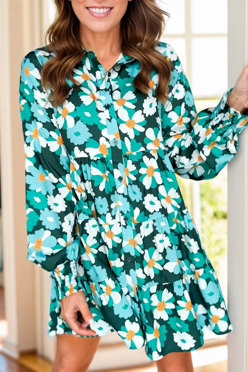 Printed Collared Neck Lantern Sleeve Mini Dress sold by Charming Charlie