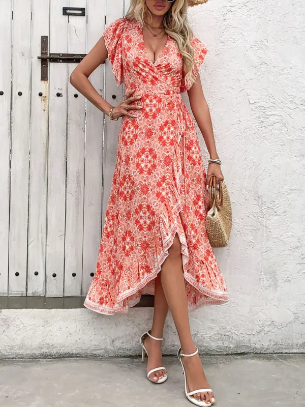 Ruffled High-Low Printed Short Sleeve Midi Dress sold by Charming Charlie