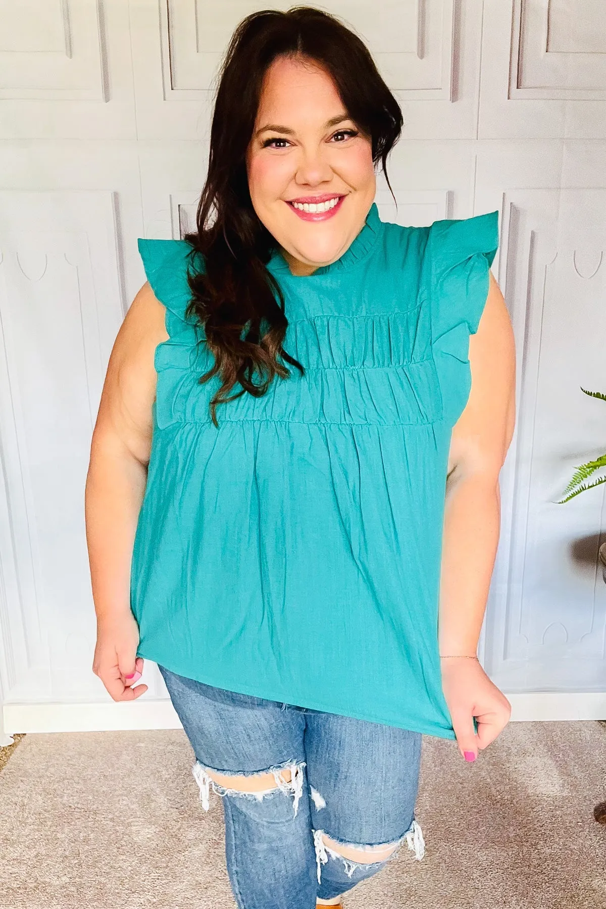 Love Life Cotton Turquoise Frill Mock Neck Flutter Sleeve Top sold by Charming Charlie