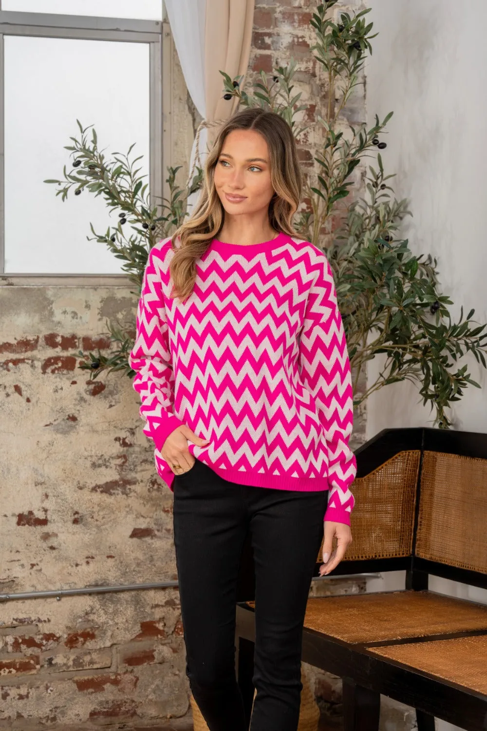 Sew In Love Full Size Wave Stripe Contrast Long Sleeve Sweater sold by Charming Charlie