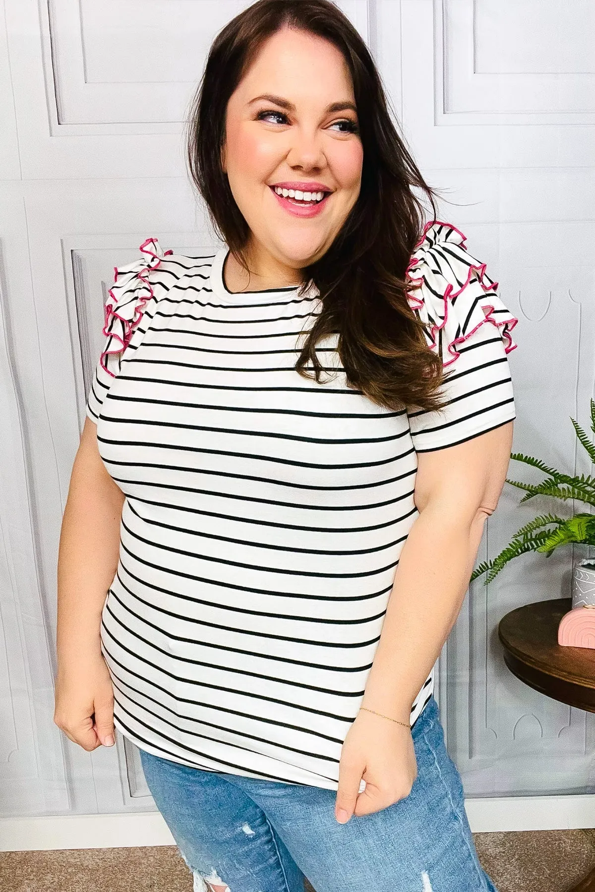 Get To It Ivory & Pink Merrow Stitch Ruffle Sleeve Stripe Top sold by Charming Charlie product image thumbnail 4