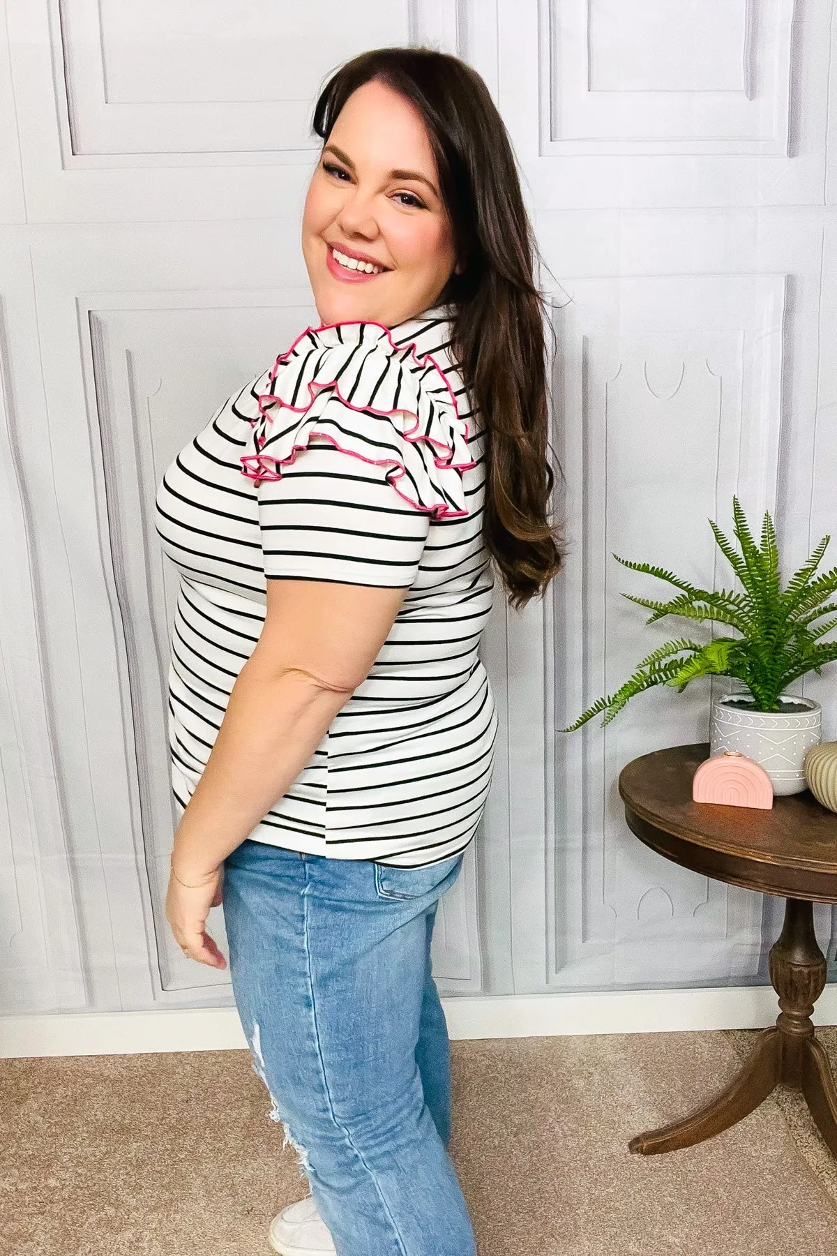 Get To It Ivory & Pink Merrow Stitch Ruffle Sleeve Stripe Top sold by Charming Charlie product image thumbnail 5