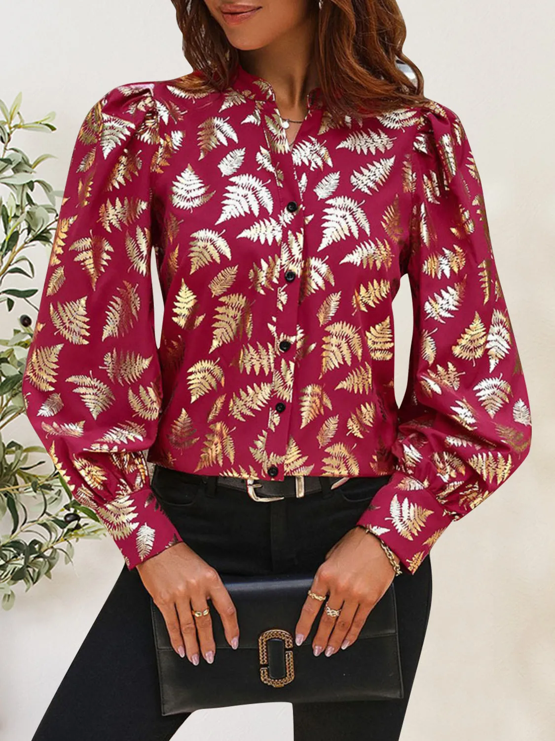Printed Notched Long Sleeve Shirt sold by Charming Charlie product image thumbnail 4