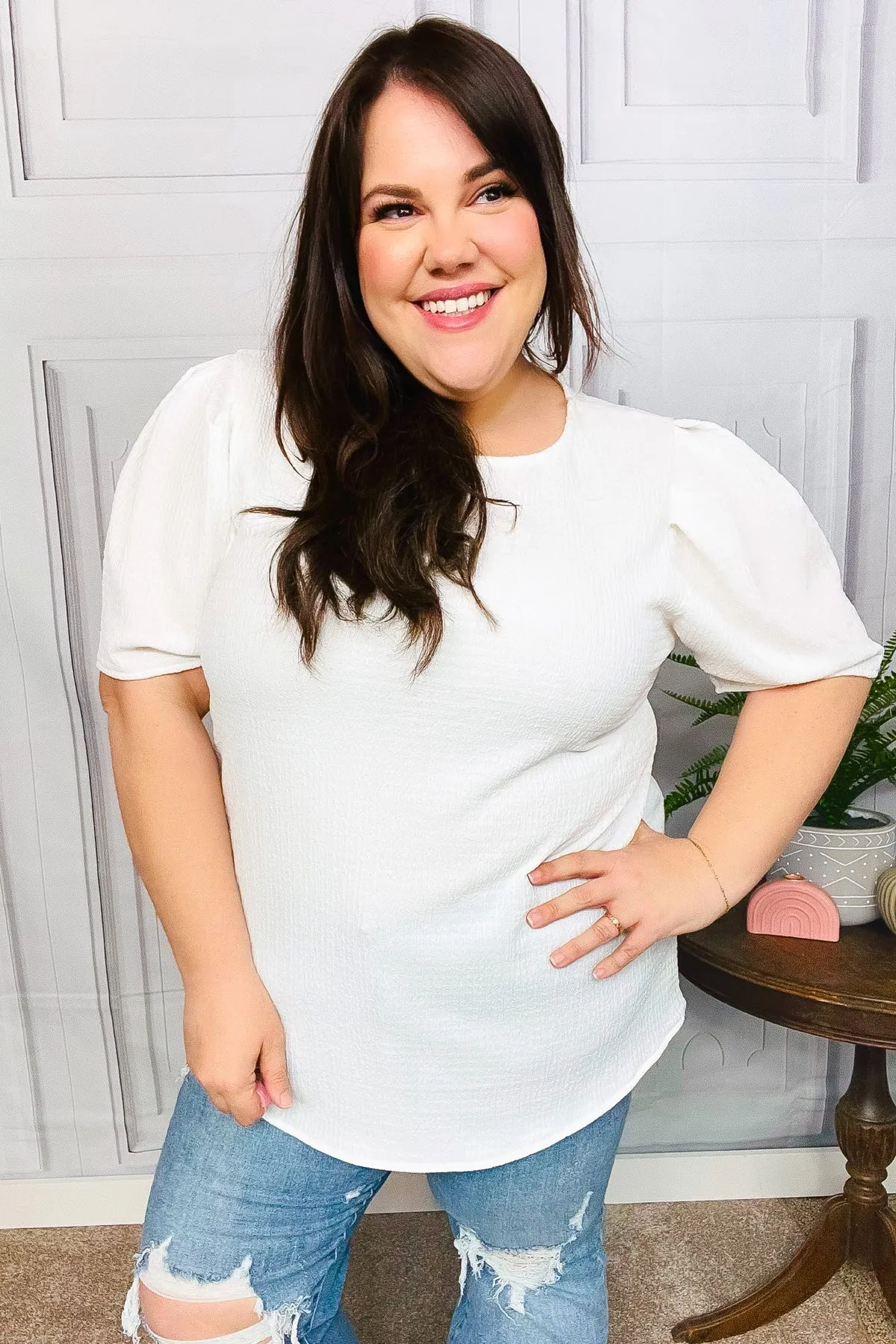 Stand Out White Crinkle Textured Woven Puff Sleeve Top sold by Charming Charlie product image thumbnail 4